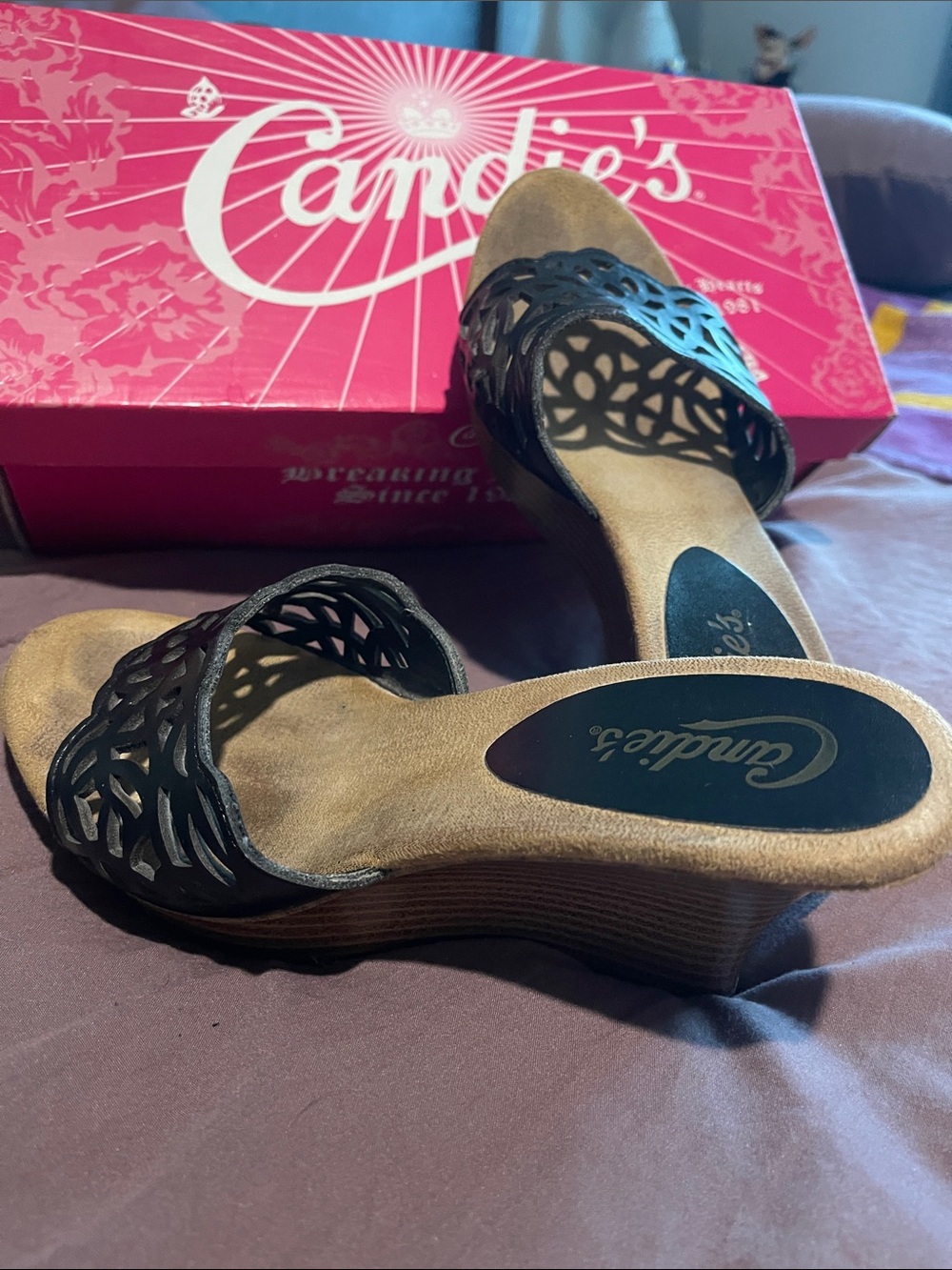 Candie's Black Laser-Cut Slide Wedge Sandals